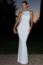 White Embellished Racer-Neck Maxi Dress